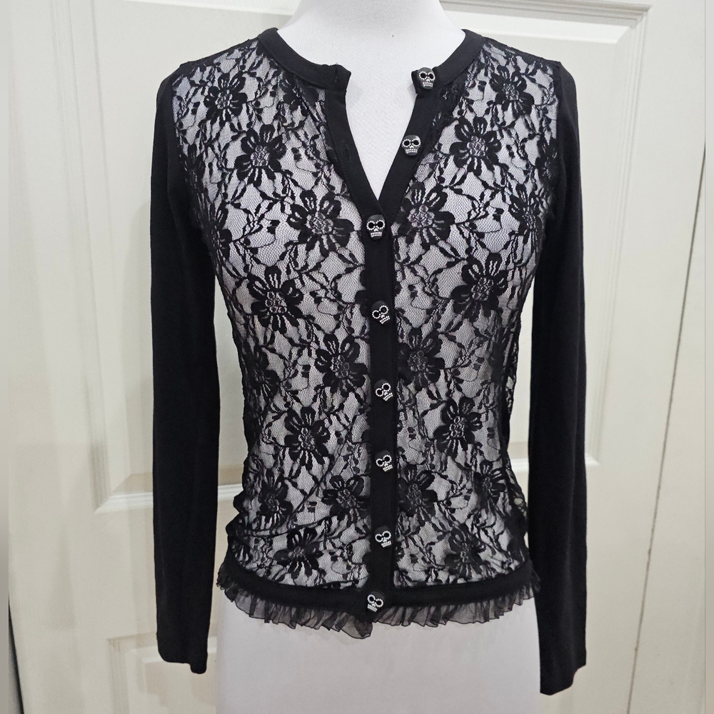 Y2K Style Punk Goth Too Fast Sheer Black Lace Sugar Skull Cardigan Sweater Top S